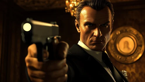 Steel-eyed gunman freezes time in a gilded standoff.