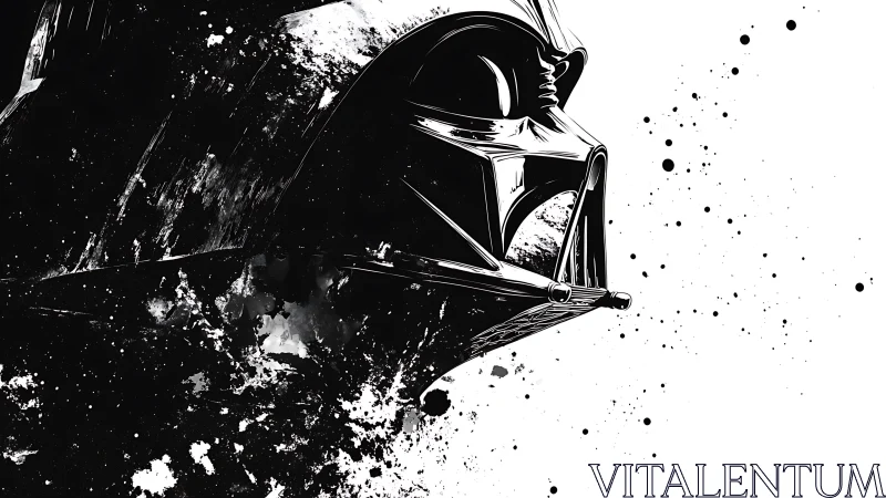 Monochrome helmet profile with abstract splatter effects.