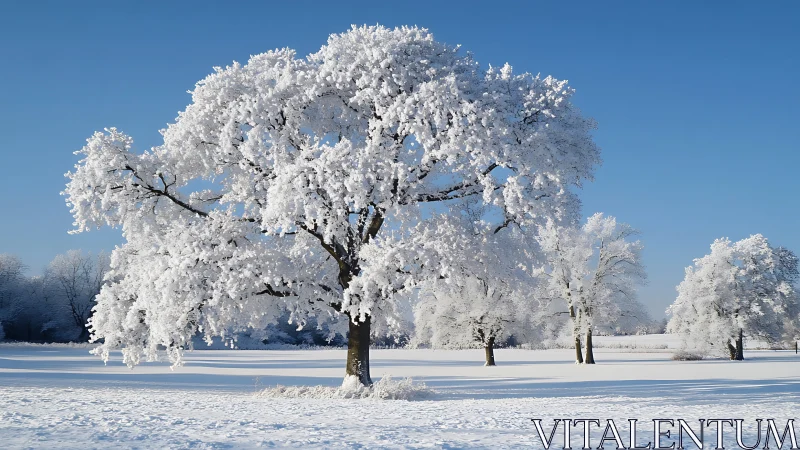 Photorealistic winter orchard with frost-laden canopy trees.