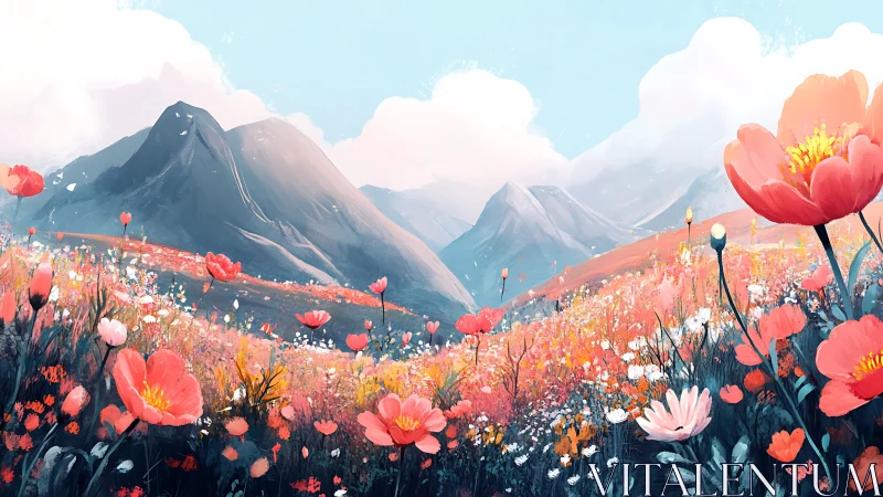 Gentle mountains watch over a sunlit valley of wildflowers