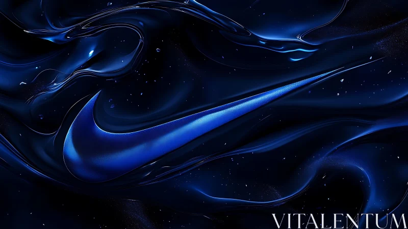 Blue swoosh logo glows across fluid dark abstract waves.