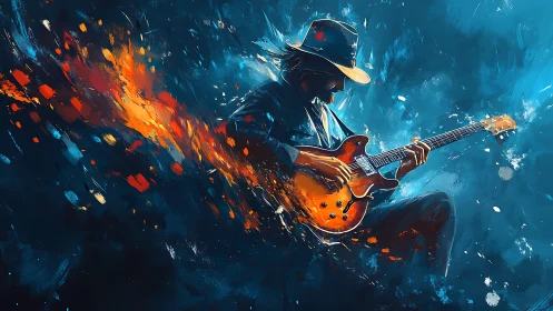 Silhouetted guitarist plays electric guitar in abstract field