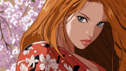 Sakura storm gaze of a fiery kimono heroine in bloom.