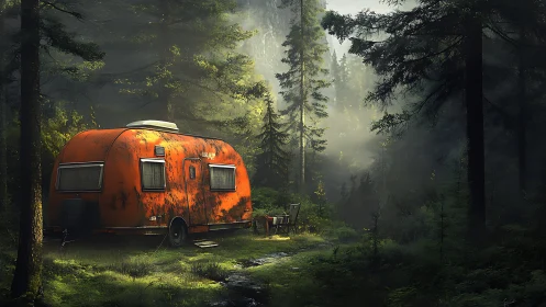 Vintage Airstream Trailer Nestled in Misty Forest with Atmospheric Light