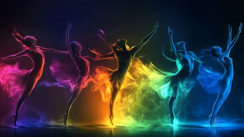 Spectral female dancers rendered in luminous chromatic motion