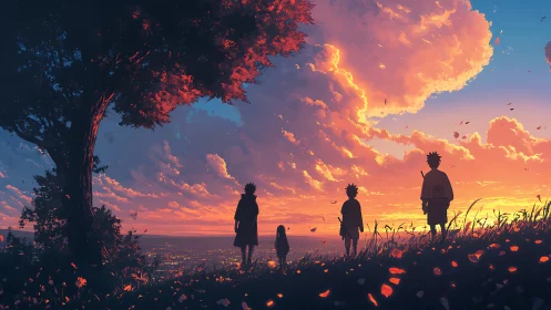 Silhouetted friends watch a glowing sunset over a vast city