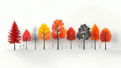 Minimalist autumn tree row with vivid gradient foliage.