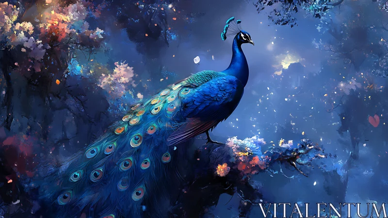 Spectral peacock on bioluminescent forest bough at dusk.