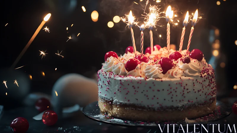 Birthday Cake with Lit Candles and Sparklers Against Dark Background
