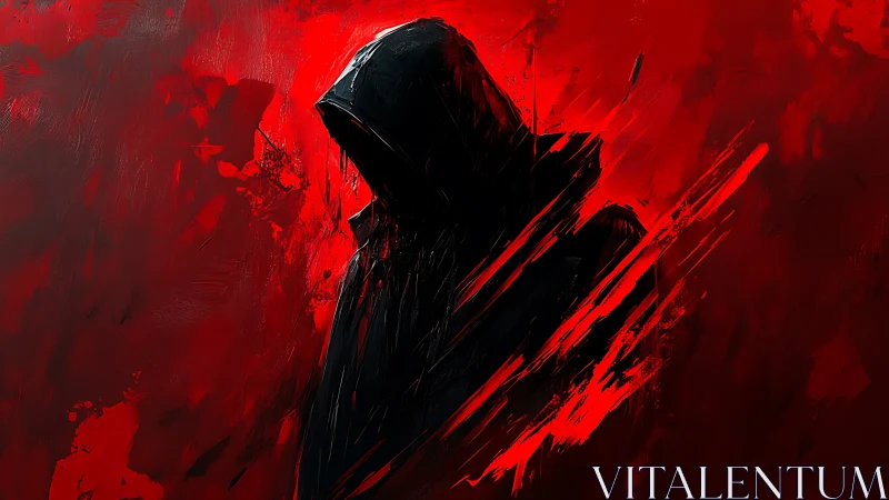 Digital painting of hooded silhouette in red kinetic brushwork.