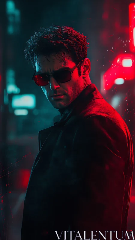 Moody neon antihero under red and teal city lights.