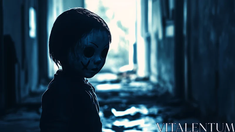 Masked child silhouette in desaturated blue abandoned corridor.