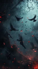 Crows fly through dark stormy forest above glowing embers