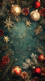 Golden Christmas baubles frame festive teal background.