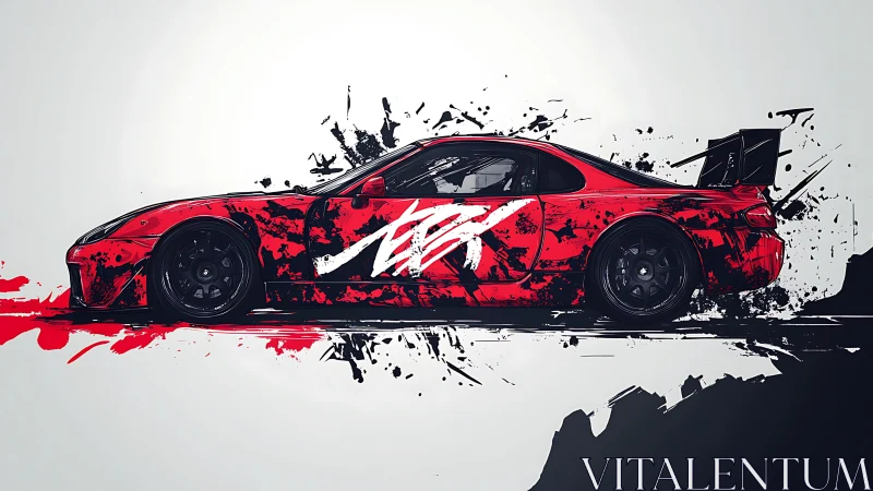 Red drift car streaked in bold splashes of urban energy.