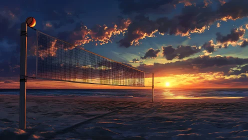 Beach volleyball court under vivid sunset sky.