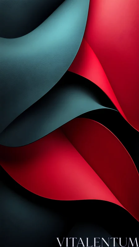Curved red and teal layered folds in high-contrast abstraction