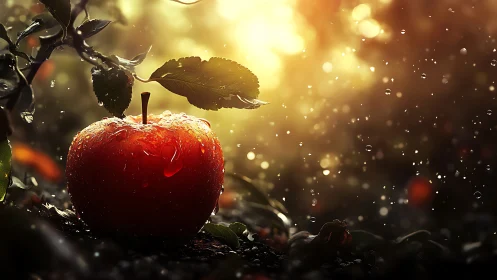 High-gloss red apple with macro water droplets in backlit rain
