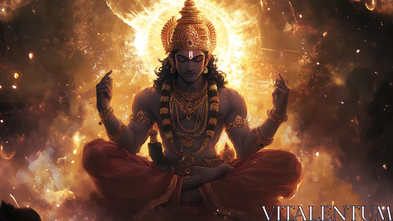 Deity figure in meditative pose with radiant backlight.