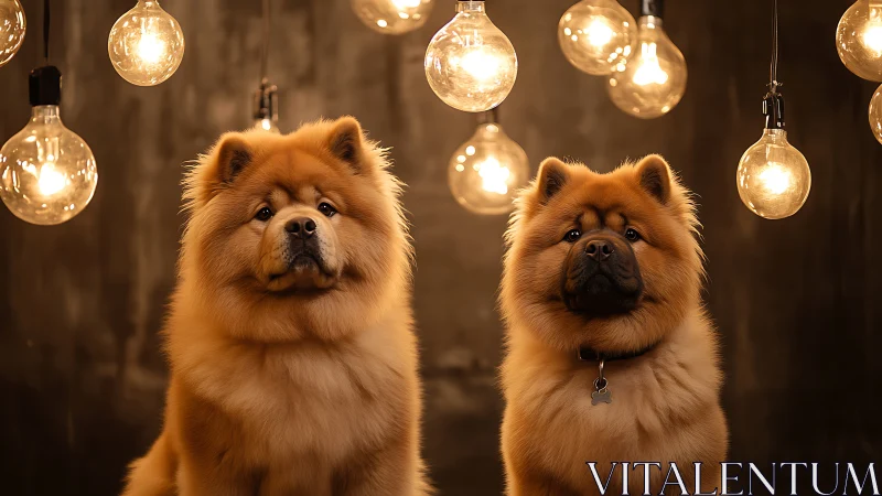 Two Chow Chow dogs positioned against warm suspended globe lighting