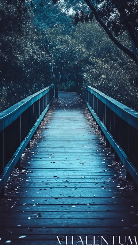Wooden forest walkway glows under cool twilight tones.