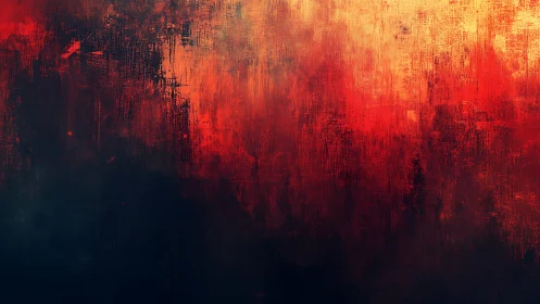 Fiery abstract textured painting with warm red and orange hues.