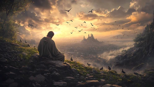 Lone mystic overlooking dawnlit citadel of circling birds.