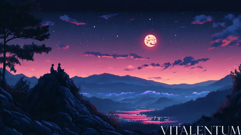 Moonlit storytellers rest above rivers painted in dusk