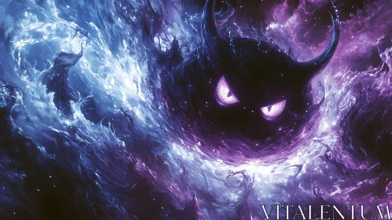 Cosmic horned shadow forms within swirling neon nebula.