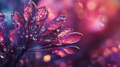 Glistening dewlit petals glowing in dreamy evening color.