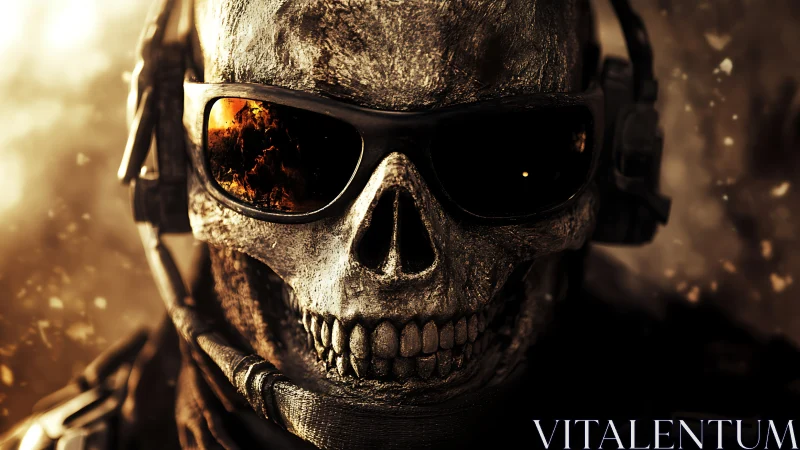 Armored skull soldier stares through burning mirrored shades.