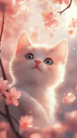 White Cat Portrait with Cherry Blossoms: Soft Focus Digital.