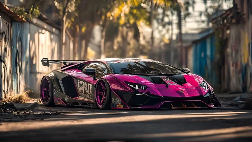 Neon street predator lounges low beneath sleepy palm shadows