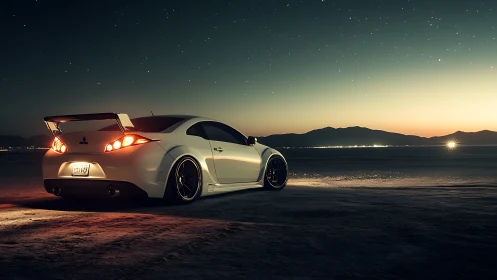 White tuner coupe dominates starlit desert horizon at dusk