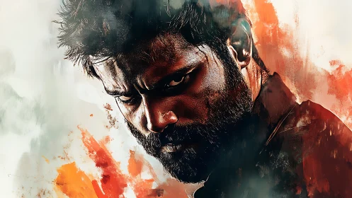 Brooding bearded portrait amid fiery abstract strokes.