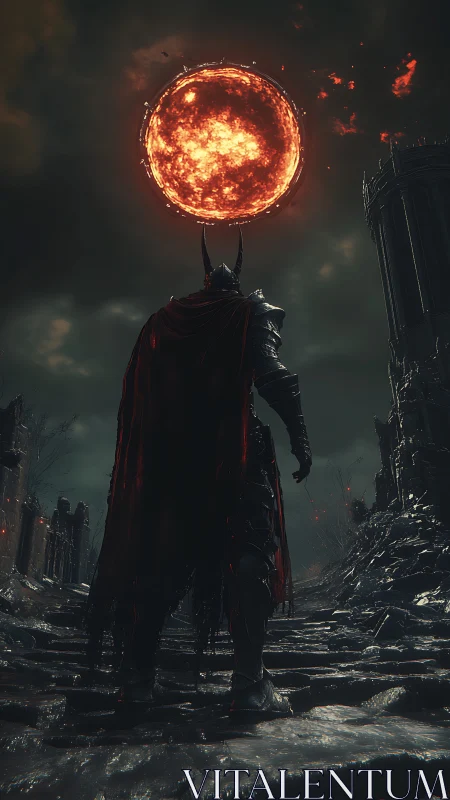 Dread knight beneath a burning blood sun on ruined steps.