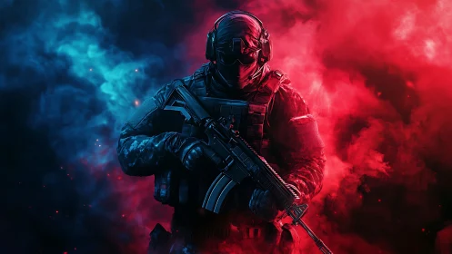 Smoke-split commando strides through neon red and cyan storm