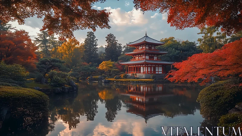 Symmetrical pagoda reflected across still pond under dense autumn canopy