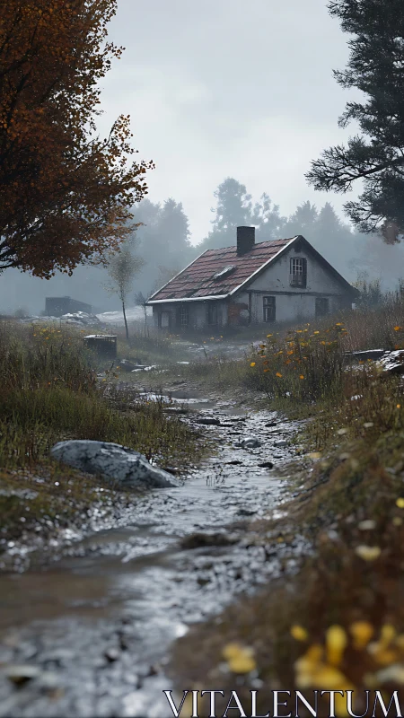 Gentle autumn path leads toward a quiet, timeworn cottage