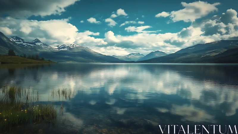 Mountain lake mirrors clouds under bright alpine sky.