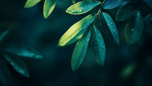Selective focus foliage shows dewy green leaves under soft backlight