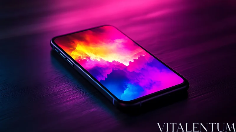 Neon Gradient Display Smartphone on Luminescent Surface.
