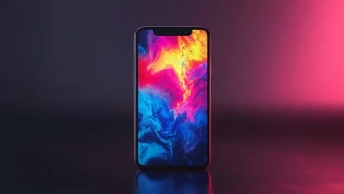 Vibrant bezel-less smartphone with neon fluid wallpaper display.