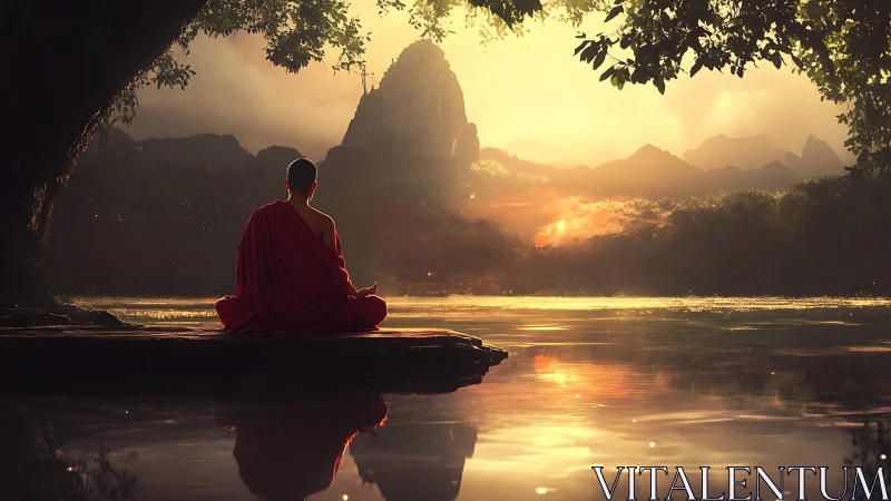 Monk in red robes contemplates luminous river at sunrise