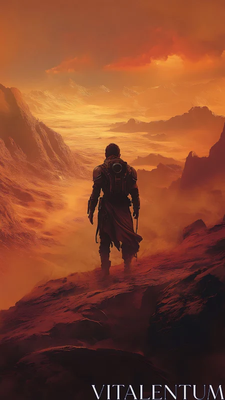 Solitary explorer crosses stormlit scarlet desert horizon.