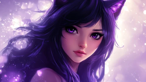 Purple-haired catgirl gazes softly through glowing stardust veil
