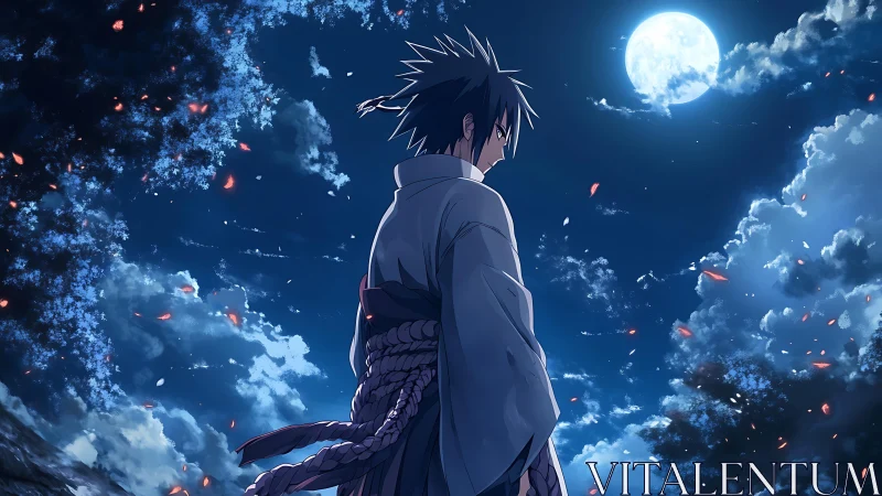 Solitary anime swordsman under full moonlit night sky.