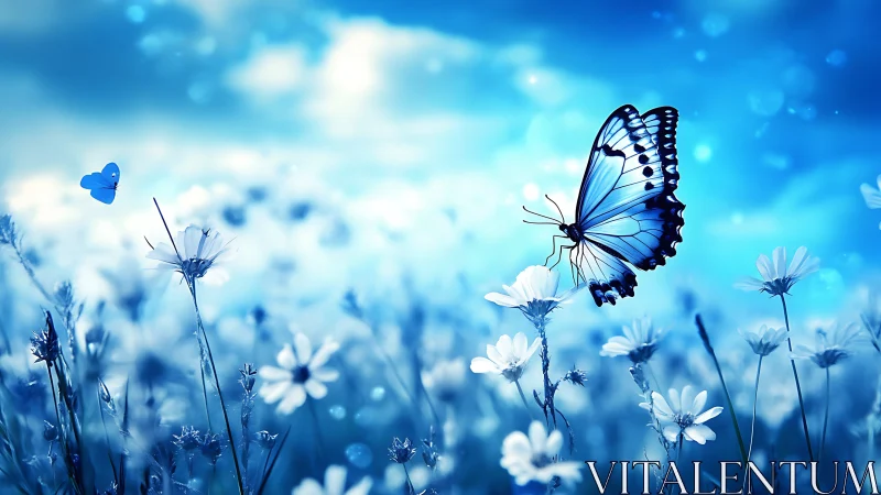 Blue butterfly on white wildflowers in soft focus field.