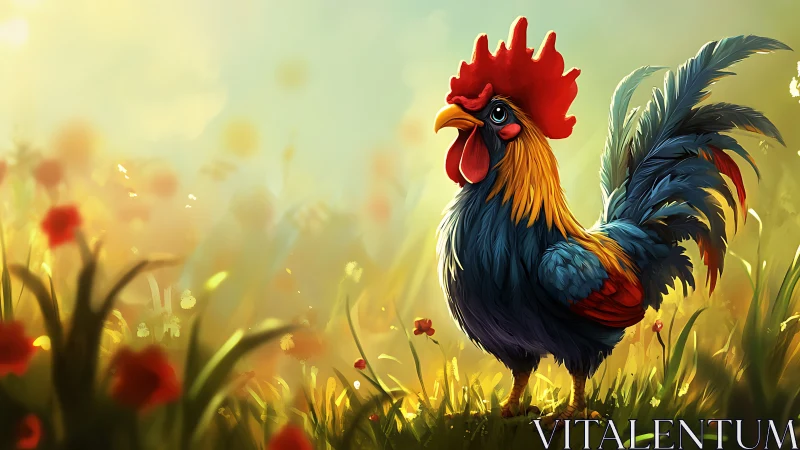 Rooster in Flowering Field. Digital illustration.