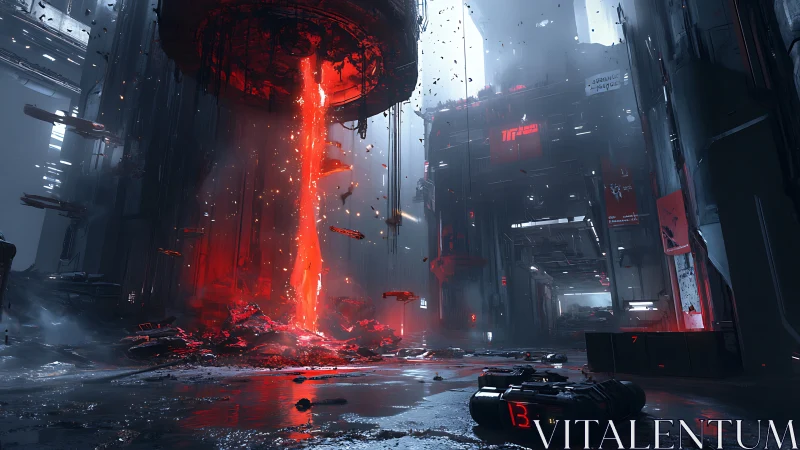 Molten reactor core erupts within a towering cyberpunk city